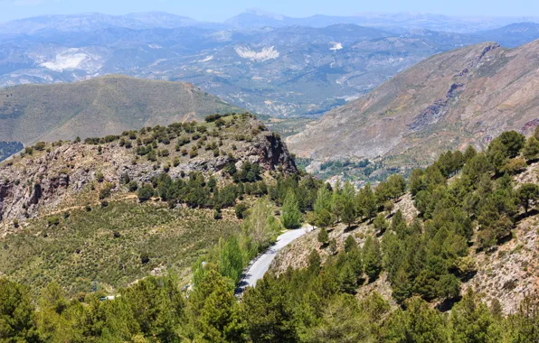 Картинка дорога, солнце, деревья, горы, камни, скалы, долина, панорама, Испания, Sierra Nevada National Park