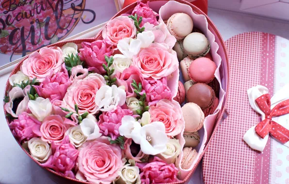 Картинка цветы, коробка, подарок, сердце, розы, День святого Валентина, фрезии, макаруны