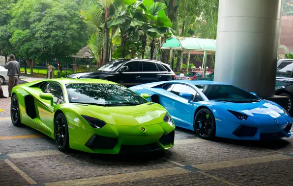 Картинка green, Lamborghini, blue, street, Aventador
