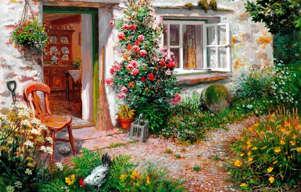 Картинка лето, цветы, дом, окно, двор, стул, петух