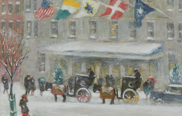 Картинка зима, снег, картина, флаг, городской пейзаж, Guy Carleton Wiggins, Отель Плаза