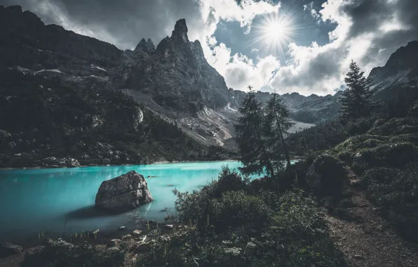 Картинка солнце, горы, природа, озеро, скалы