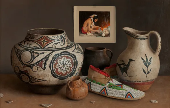 Картинка узоры, картина, ваза, кувшин, башмачок, индеец, Still life, William Acheff, Индейский натюрморт, Pueblo Potter