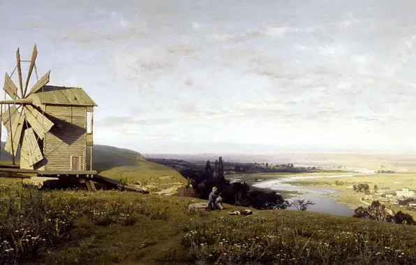 Картинка природа, картина, панорама, пастух, Владимир Орловский, Украинский Пейзаж с Ветряной Мельницей