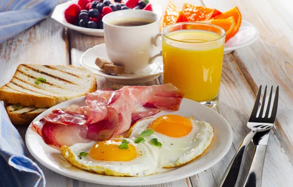 Картинка ягоды, кофе, апельсин, еда, завтрак, хлеб, апельсиновый сок, яичница с беконом