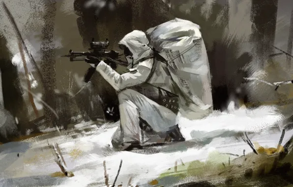Картинка зима, снег, солдат, автомат, капюшон, камуфляж