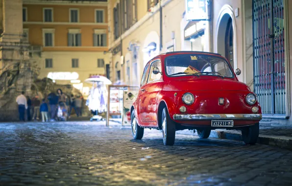 Картинка lights, red, road, auto, Italy, night, people, Rome, buildings, Fiat 500, vintage car, pavement, classic …