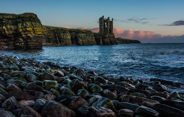 Картинка море, камни, скалы, берег, Шотландия, руины, Замок Кейс