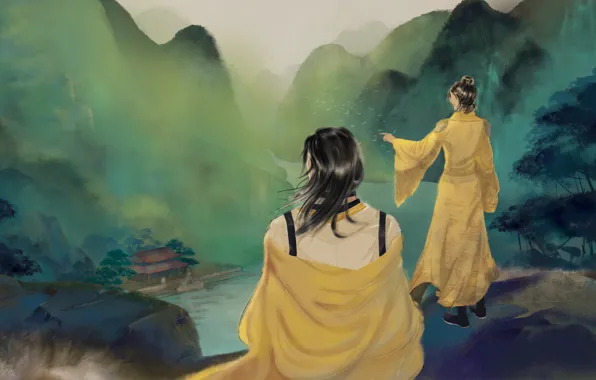 Картинка девушка, пейзаж, горы, дом, река, мужчина