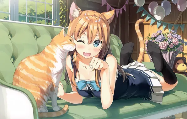 Картинка кот, аниме, арт, рыжий, девочка, kantoku