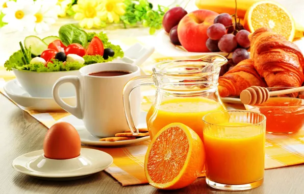 Картинка яйцо, кофе, апельсин, завтрак, сок, мед, фрукты, салат, круассан