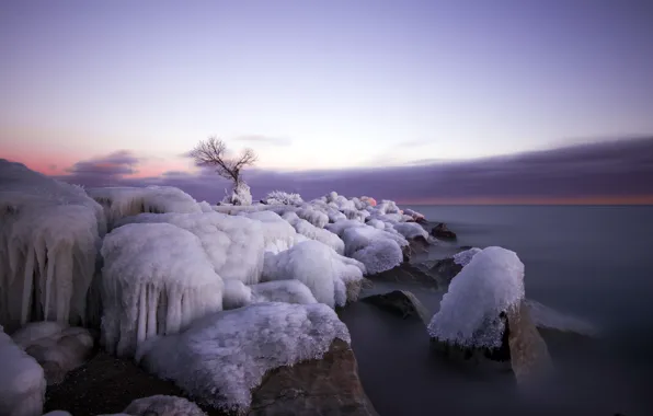 Картинка зима, море, закат, лёд