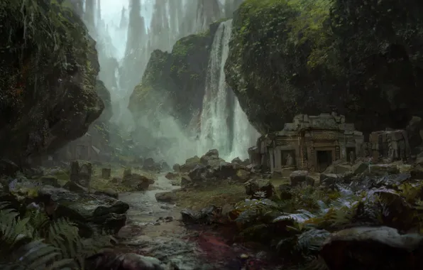 Картинка трава, туман, ручей, камни, водопад, мох, руины, Path of Exile