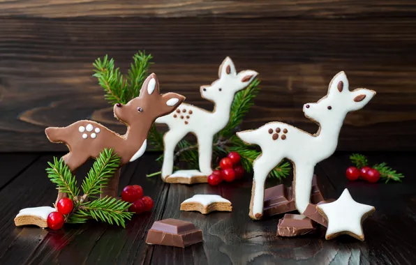 Картинка елка, шоколад, ветка, печенье, Рождество, олени, Christmas, сладкое, chocolate, sweet, biscuit, deer, baking