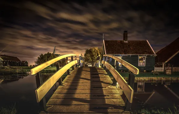 Картинка ночь, мост, огни, дом, канал, Нидерланды, Зансе-Сханс