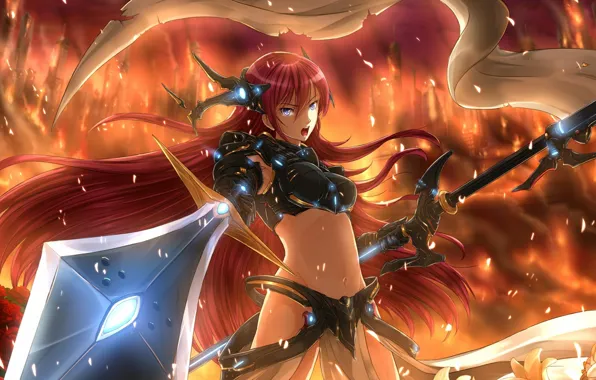 Картинка music, fire, flame, sword, Vocaloid, armor, war, fight, ken, blade, warrior, angry, oppai, spear, spark, …