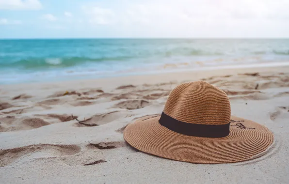 Картинка песок, море, волны, пляж, лето, шляпа, summer, beach, sea, hat, romantic, sand