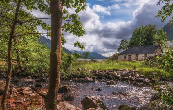Картинка деревья, озеро, Шотландия, домик, речка, Scotland, Loch Etive, Озеро Этив