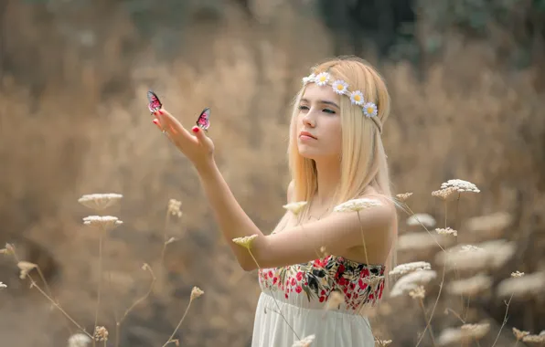 Картинка лето, девушка, бабочки, цветы, природа, платье, блондинка, травы
