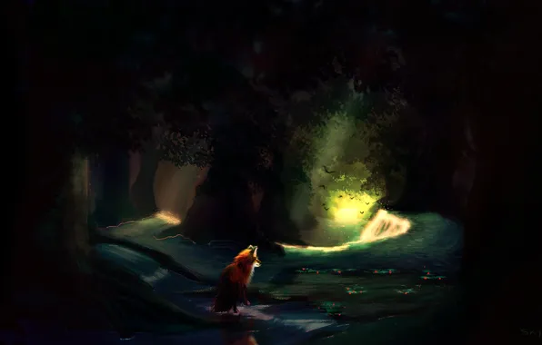 Картинка лес, вода, природа, лиса, by Skysurie