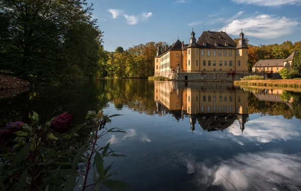 Картинка осень, вода, деревья, пруд, отражение, замок, Германия, солнечно, Castle Dyck