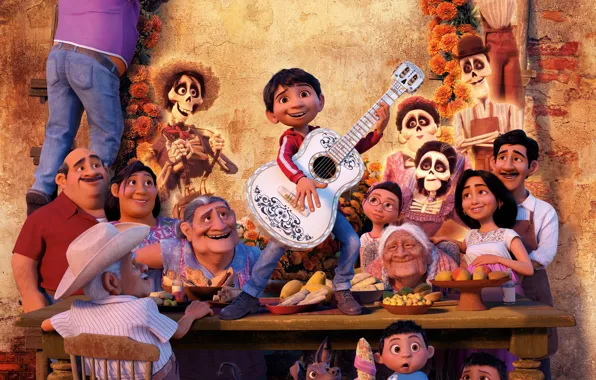 Картинка стол, люди, мультфильм, гитара, мальчик, фэнтези, Disney, застолье, скелеты, PIXAR, Coco, Тайна Коко, Miguel