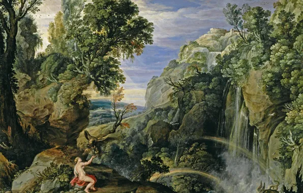 Картинка скалы, водопад, картина, Питер Пауль Рубенс, мифология, Пейзаж с Психеей и Юпитером, Pieter Paul Rubens