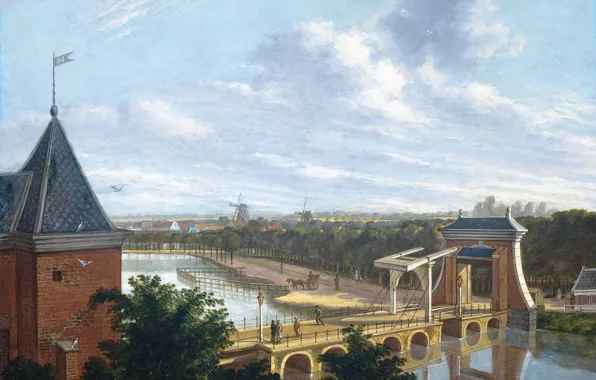 Картинка масло, картина, городской пейзаж, Johannes Jelgerhuis, Вид на Лейденский Порт из Театра