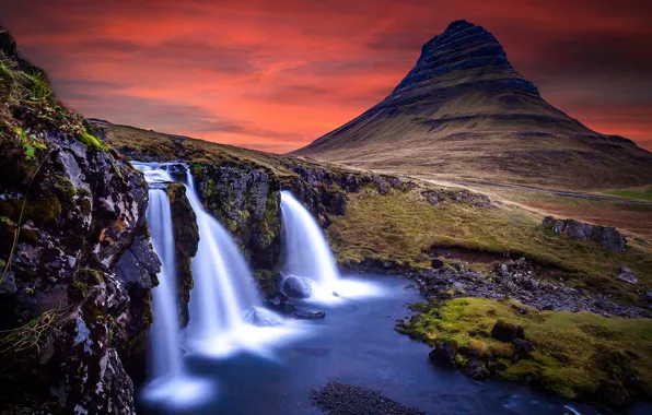 Картинка гора, водопад, Исландия, Kirkjufellsfoss