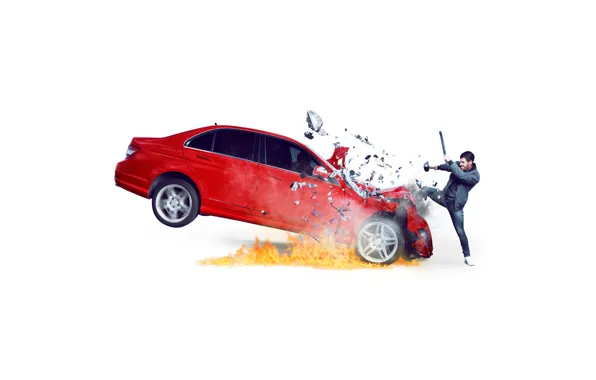 Картинка красный, осколки, огонь, скорость, удар, белый фон, автомобиль, фотосессия, палка, кувалда, Complex, 2016, Nick Jonas, …