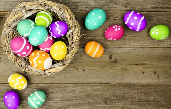 Картинка корзина, colorful, Пасха, happy, wood, spring, Easter, eggs, holiday, basket, яйца крашеные