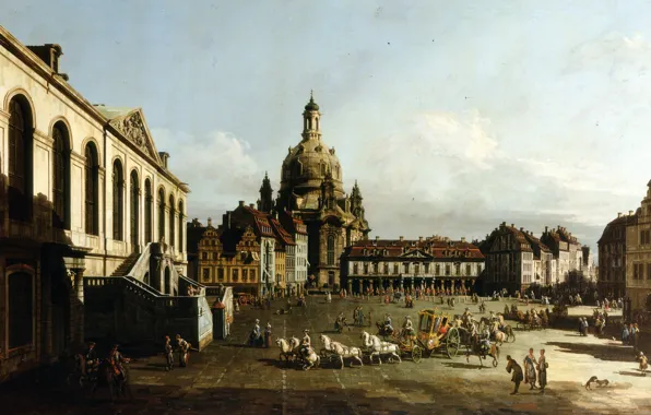 Картинка люди, дома, картина, площадь, церковь, городской пейзаж, Бернардо Беллотто, Ноймаркт в Дрездене