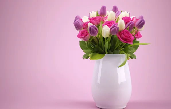 Картинка цветы, розы, букет, тюльпаны, ваза