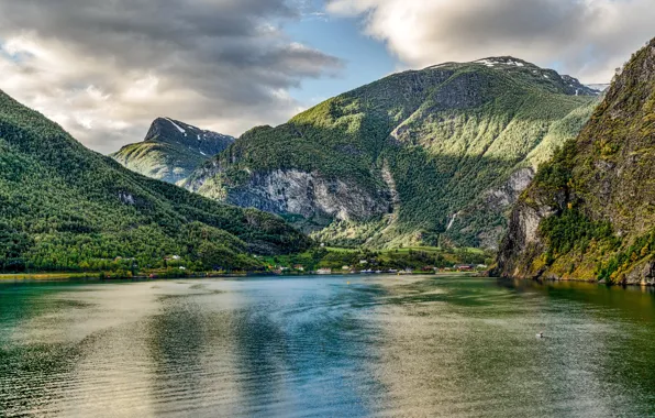 Картинка лес, облака, горы, скалы, берег, Норвегия, залив, фьорд, Aurland