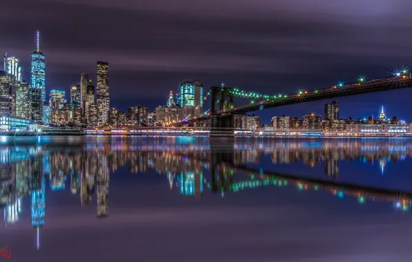 Картинка отражения, ночь, мост, город, огни, Нью Йорк