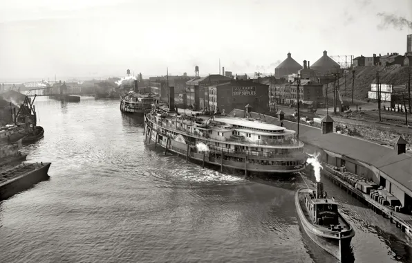 Картинка мост, город, ретро, река, корабль, пароход, США, 1904-й год