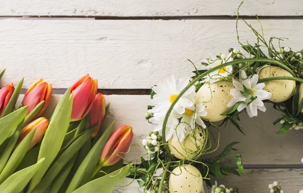 Картинка яйца, пасха, тюльпаны, Праздник, венок, хризантемы