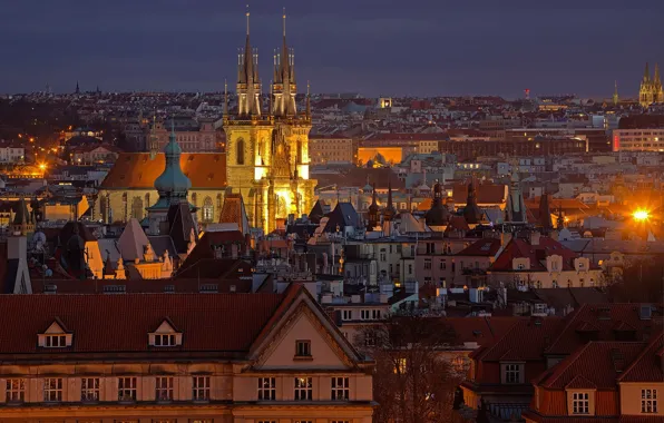 Картинка ночь, огни, дома, Прага, Чехия, панорама