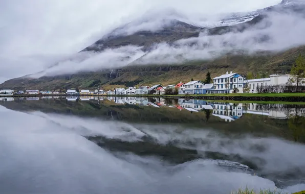 Картинка облака, горы, дома, Исландия, гавань, Сейдисфьордюр
