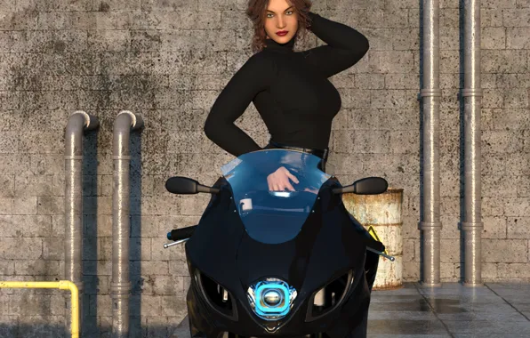 Картинка девушка, стена, мотоцикл