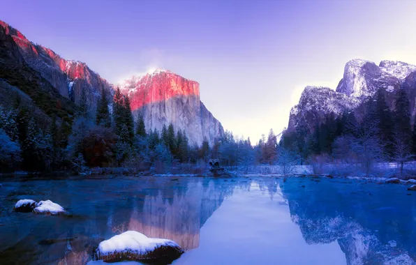 Картинка зима, вода, снег, деревья, скалы, рассвет, Калифорния, США, Йосемити