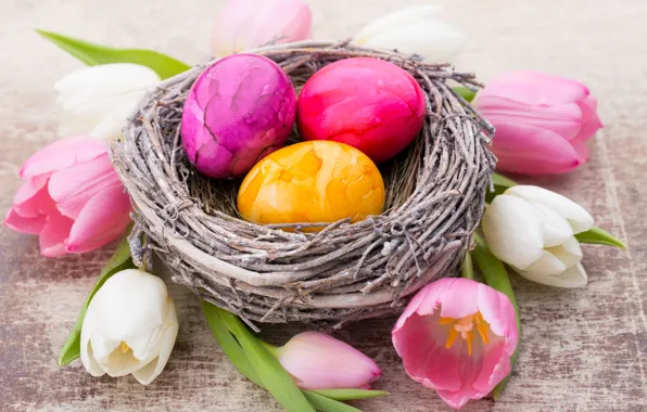 Картинка цветы, Пасха, гнездо, тюльпаны, happy, корзинка, flowers, tulips, spring, Easter, eggs, bunny, decoration, яйца крашеные