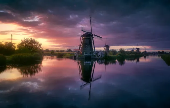 Картинка река, вечер, канал, Нидерланды, ветряные мельницы