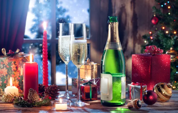 Картинка Новый Год, бокалы, Рождество, christmas, шампанское, balls, merry christmas, gift, decoration, xmas