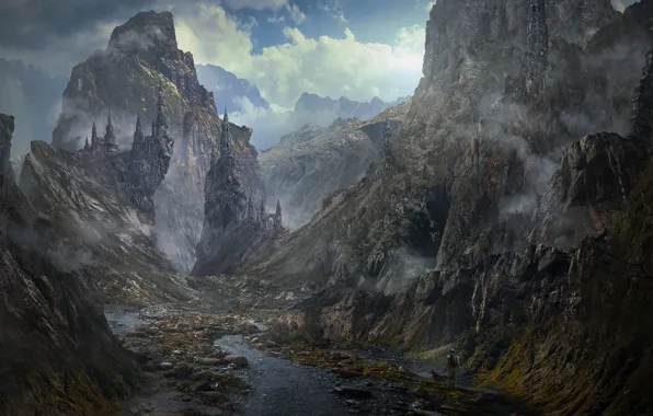 Картинка горы, замок, скалы, ущелье, речка, путник, A WALK
