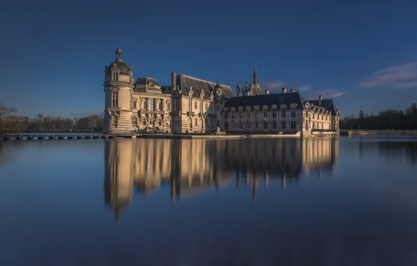 Картинка озеро, отражение, замок, Франция, Chateau de Chantilly