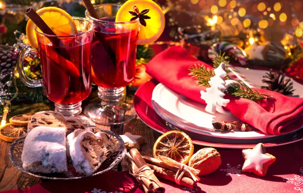 Картинка Новый Год, Рождество, wine, orange, merry christmas, punch, tea, decoration, сервировка, глинтвейн