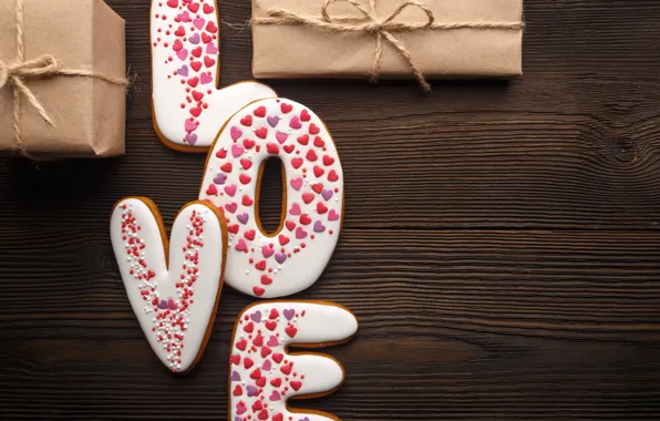 Картинка любовь, романтика, подарки, сердечки, red, love, romantic, hearts, Valentine's Day, gift, cookies