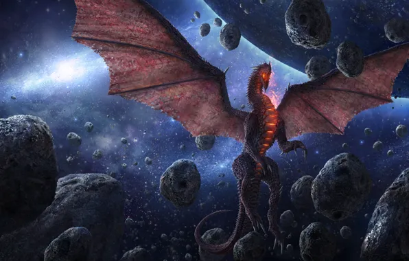 Картинка фантастика, дракон, крылья, арт, метеорит, космоc