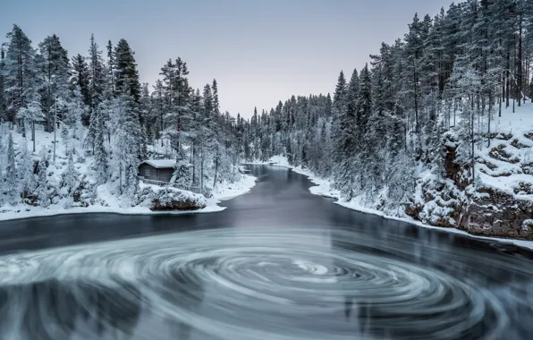 Картинка зима, лес, природа, река, finland, kuusamo, myllykoski